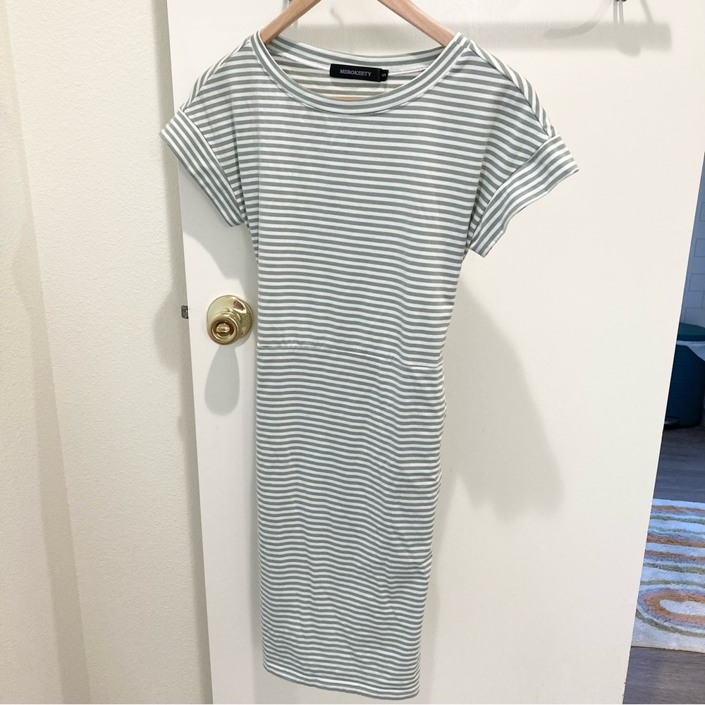 Striped T-shirt dress green and white with pockets Merokeety summer casual - Picture 6 of 14